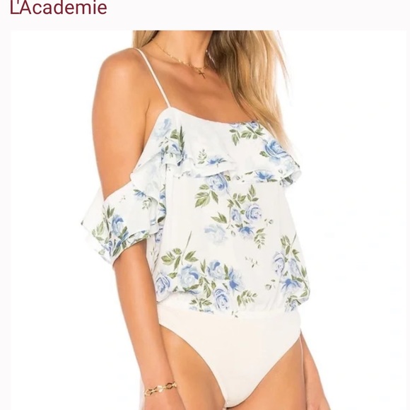 L’Academie Blue Floral Off The Shoulder Bodysuit Small - Picture 2 of 5